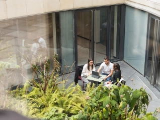 Two women, one man sit at a small outdoor table, looking at a laptop. Green foliage is in the foreground, large glass doors behind.