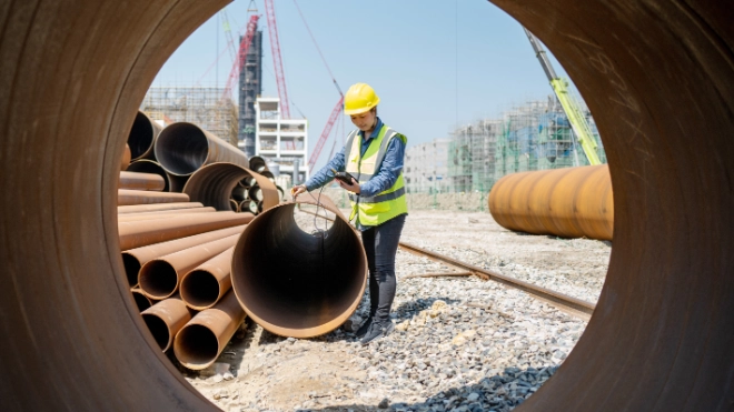 Engineer/Worker (yellow hard hat/vest) holds tablet, inspecting inside of a large metal pipe on a construction site, framed by a circular pipe opening