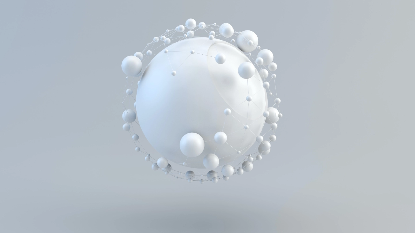 abstract render of an atom in shades of white